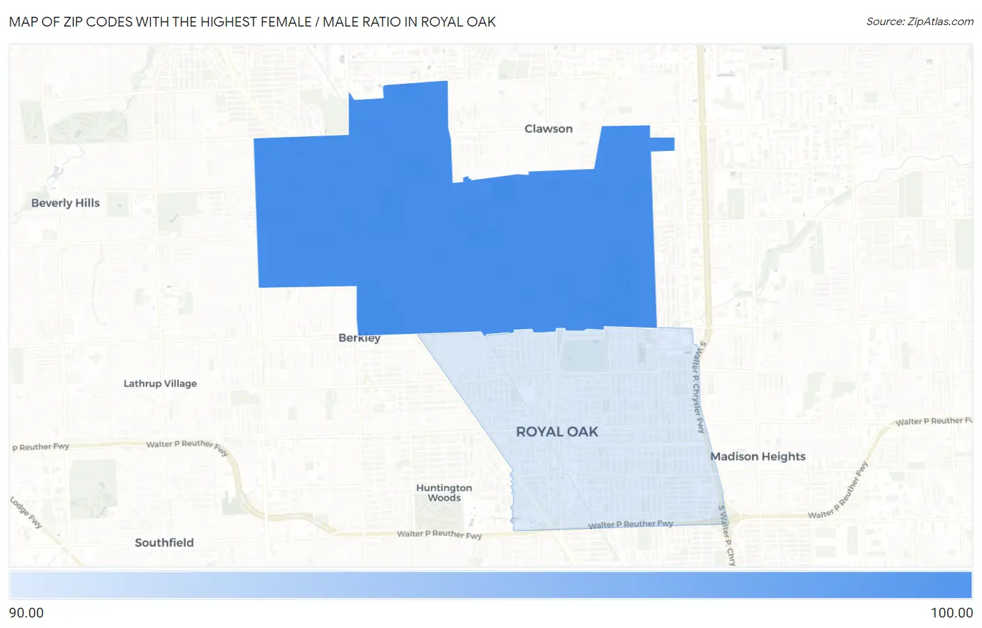 Zip Codes with the Highest Female / Male Ratio in Royal Oak Map