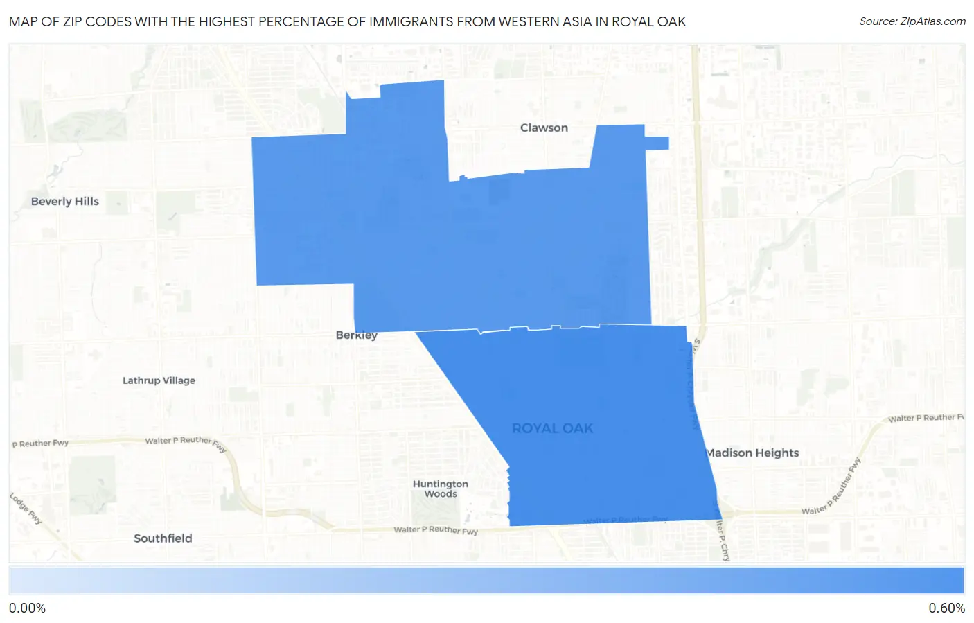 Zip Codes with the Highest Percentage of Immigrants from Western Asia in Royal Oak Map