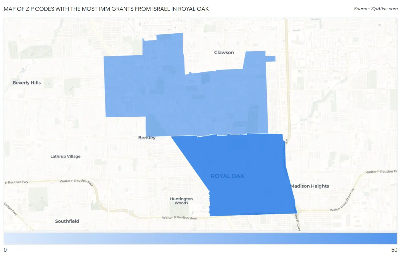 Zip Codes with the Most Immigrants from Israel in Royal Oak Map