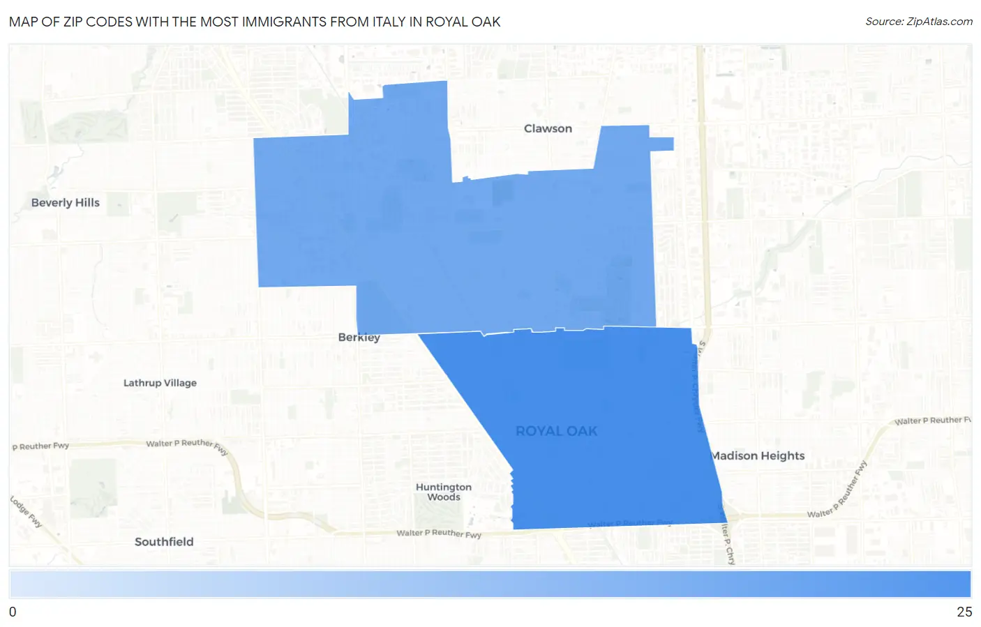 Zip Codes with the Most Immigrants from Italy in Royal Oak Map