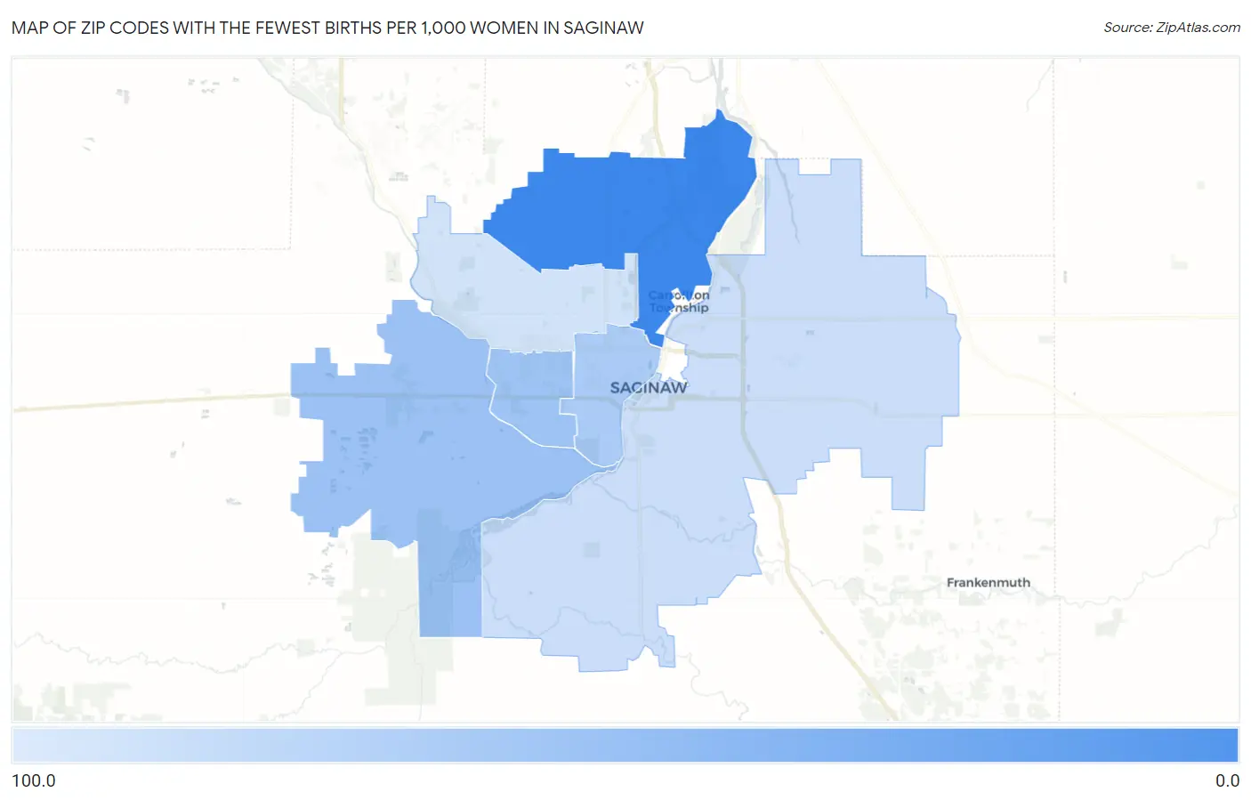 Zip Codes with the Fewest Births per 1,000 Women in Saginaw Map