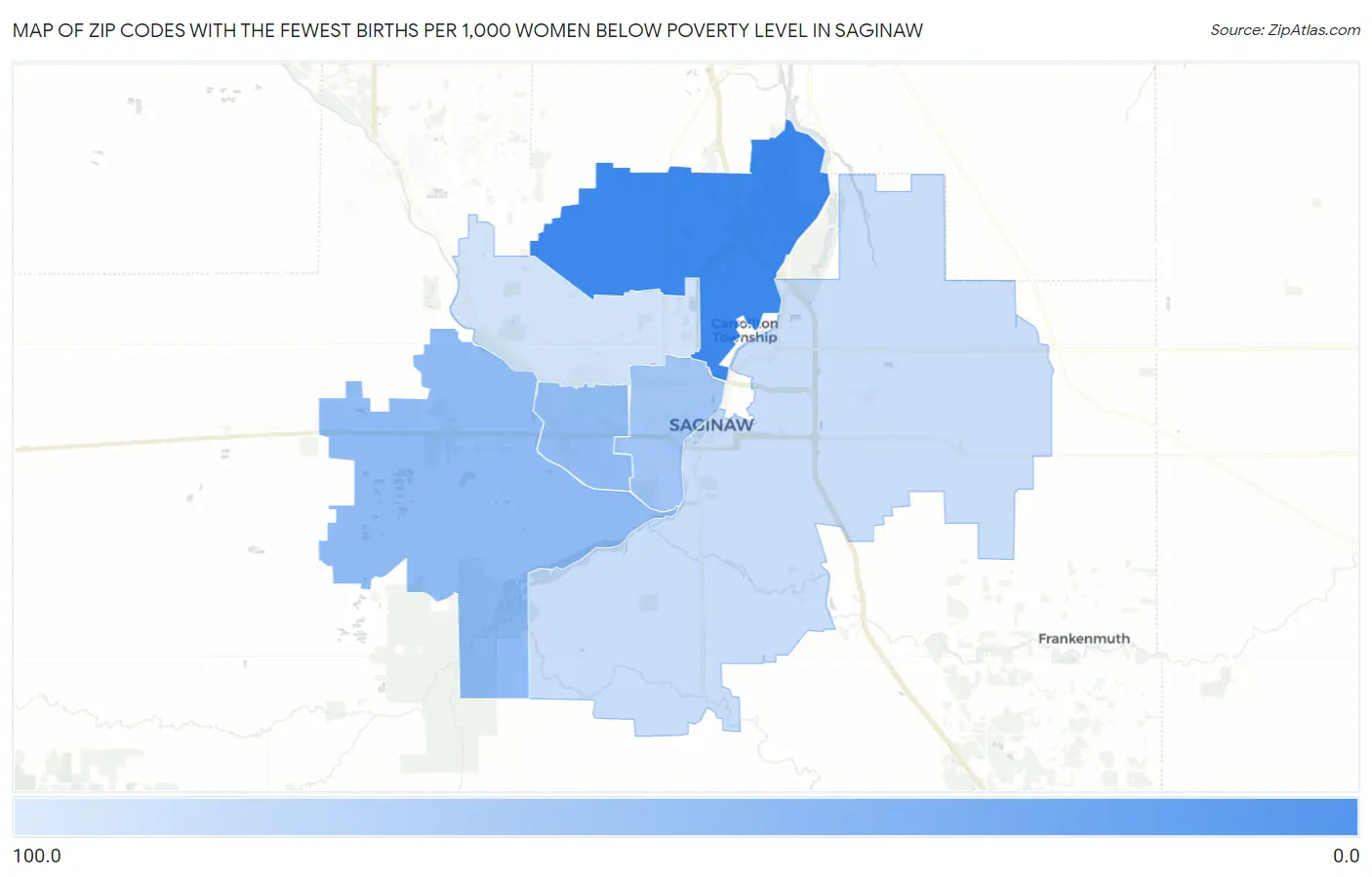 Zip Codes with the Fewest Births per 1,000 Women Below Poverty Level in Saginaw Map