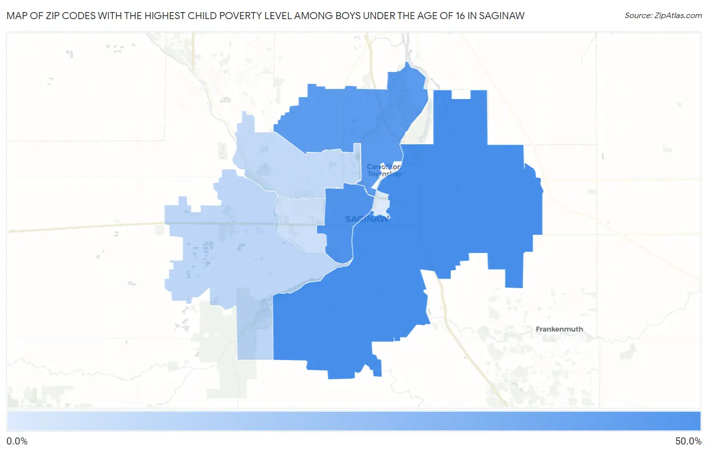 Zip Codes with the Highest Child Poverty Level Among Boys Under the Age of 16 in Saginaw Map