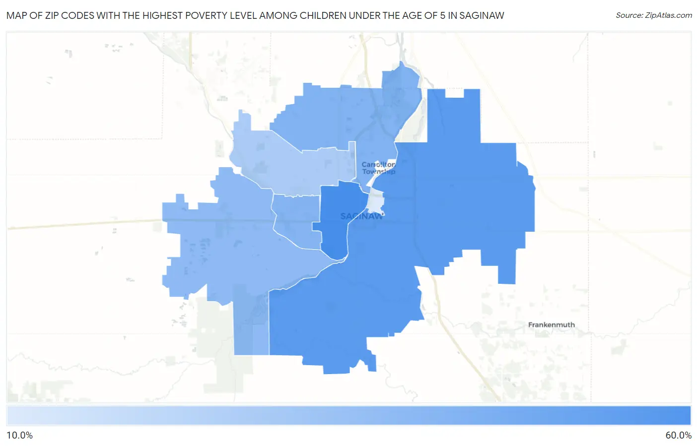 Zip Codes with the Highest Poverty Level Among Children Under the Age of 5 in Saginaw Map