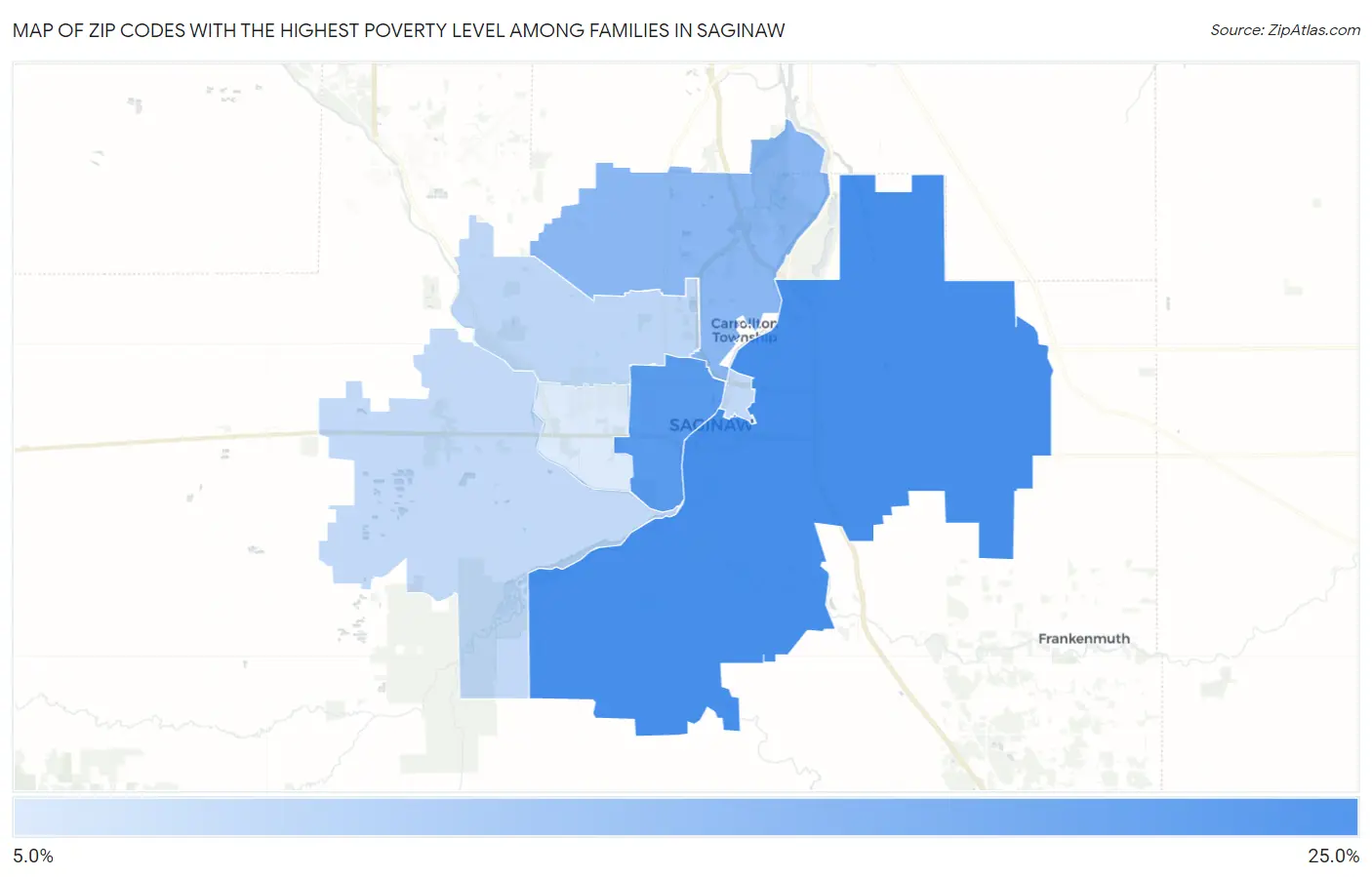 Zip Codes with the Highest Poverty Level Among Families in Saginaw Map