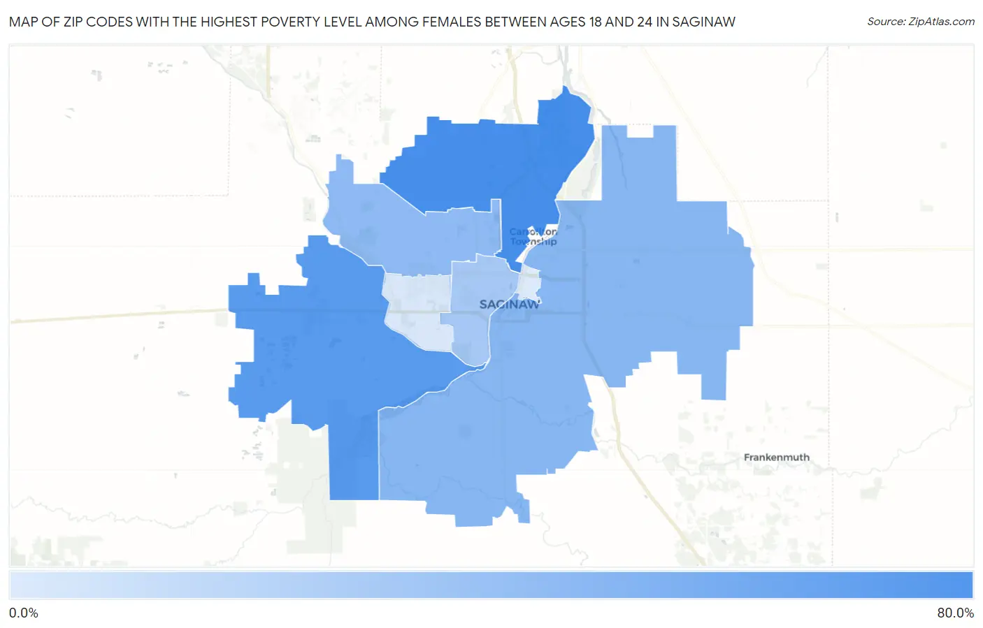 Zip Codes with the Highest Poverty Level Among Females Between Ages 18 and 24 in Saginaw Map