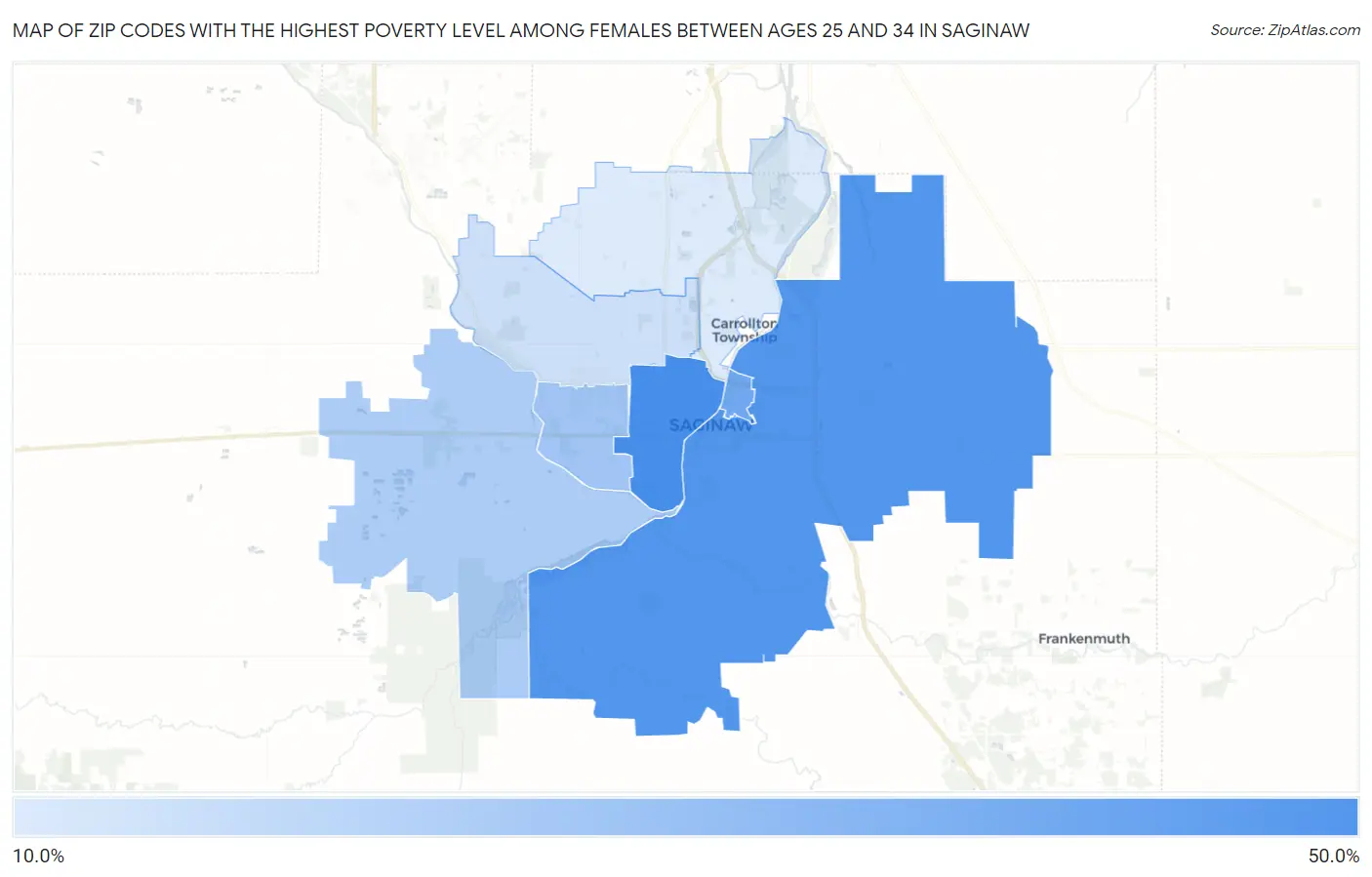 Zip Codes with the Highest Poverty Level Among Females Between Ages 25 and 34 in Saginaw Map