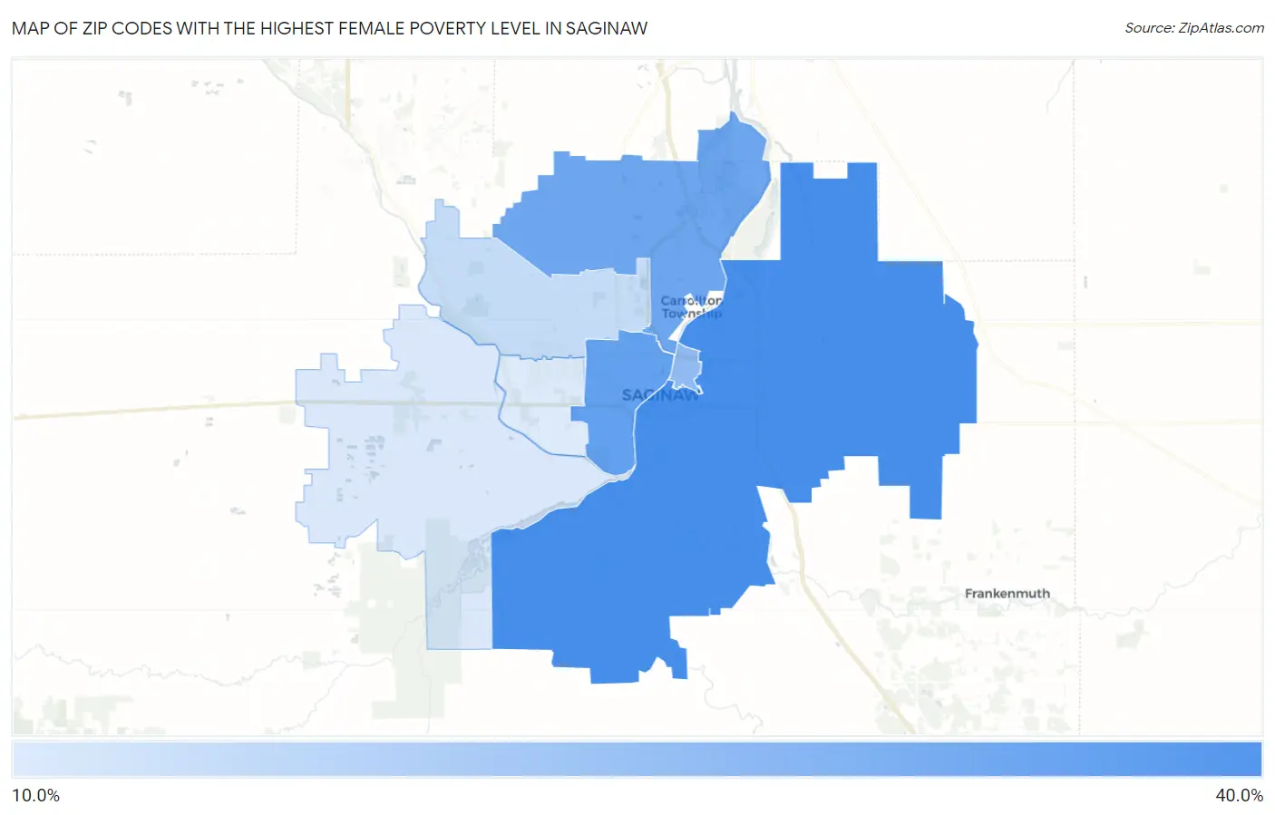 Zip Codes with the Highest Female Poverty Level in Saginaw Map
