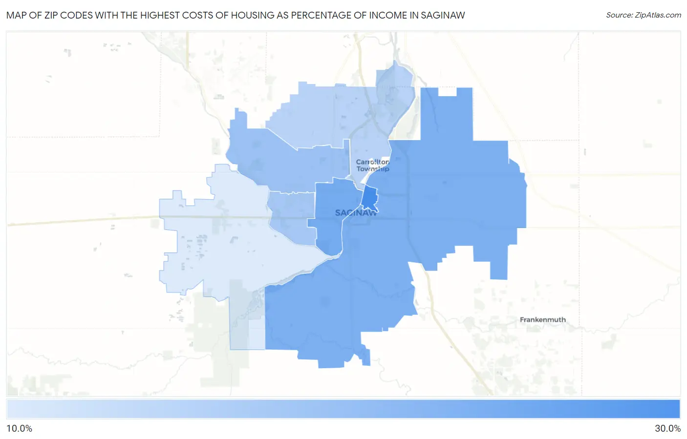 Zip Codes with the Highest Costs of Housing as Percentage of Income in Saginaw Map