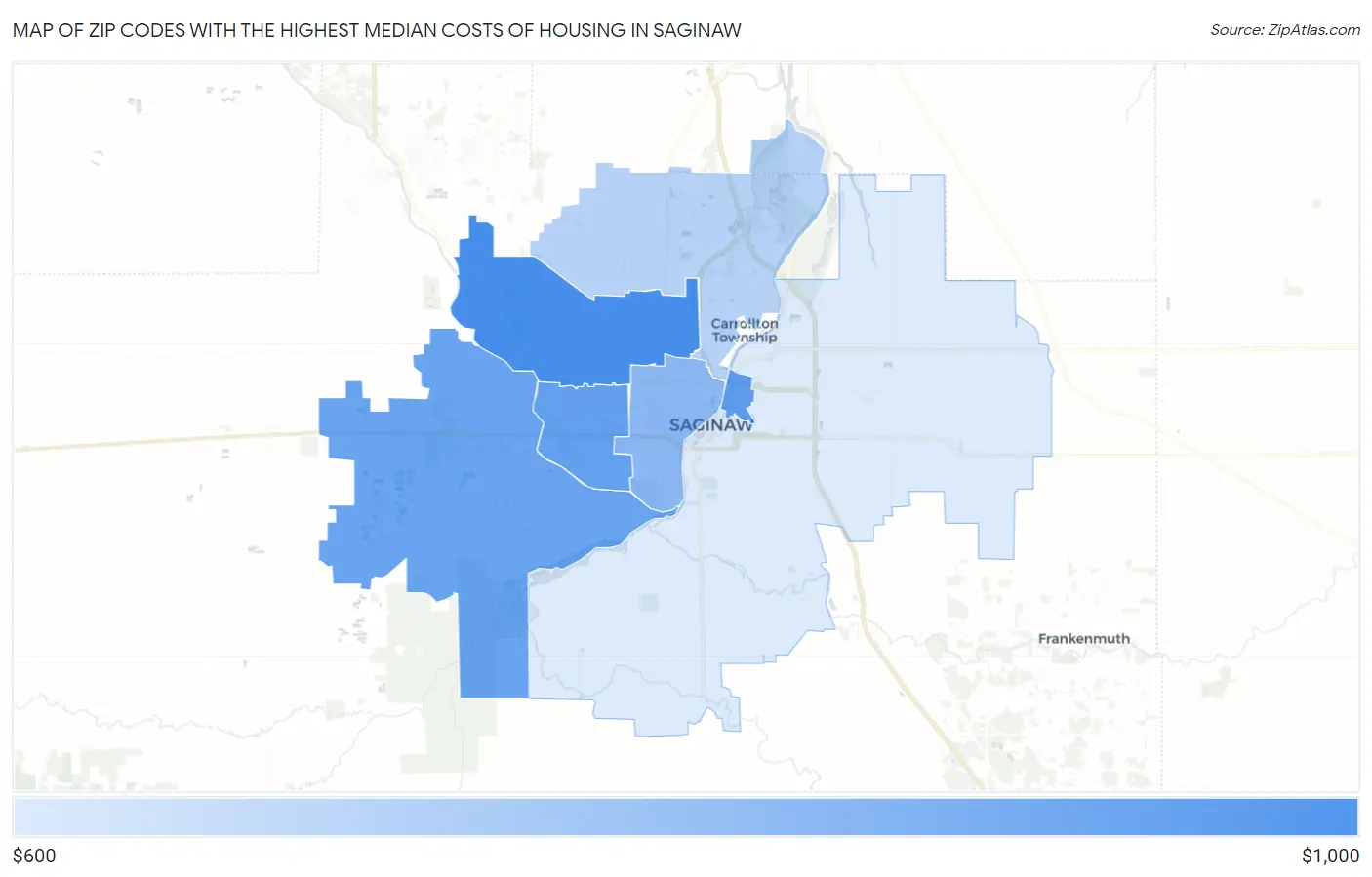 Zip Codes with the Highest Median Costs of Housing in Saginaw Map
