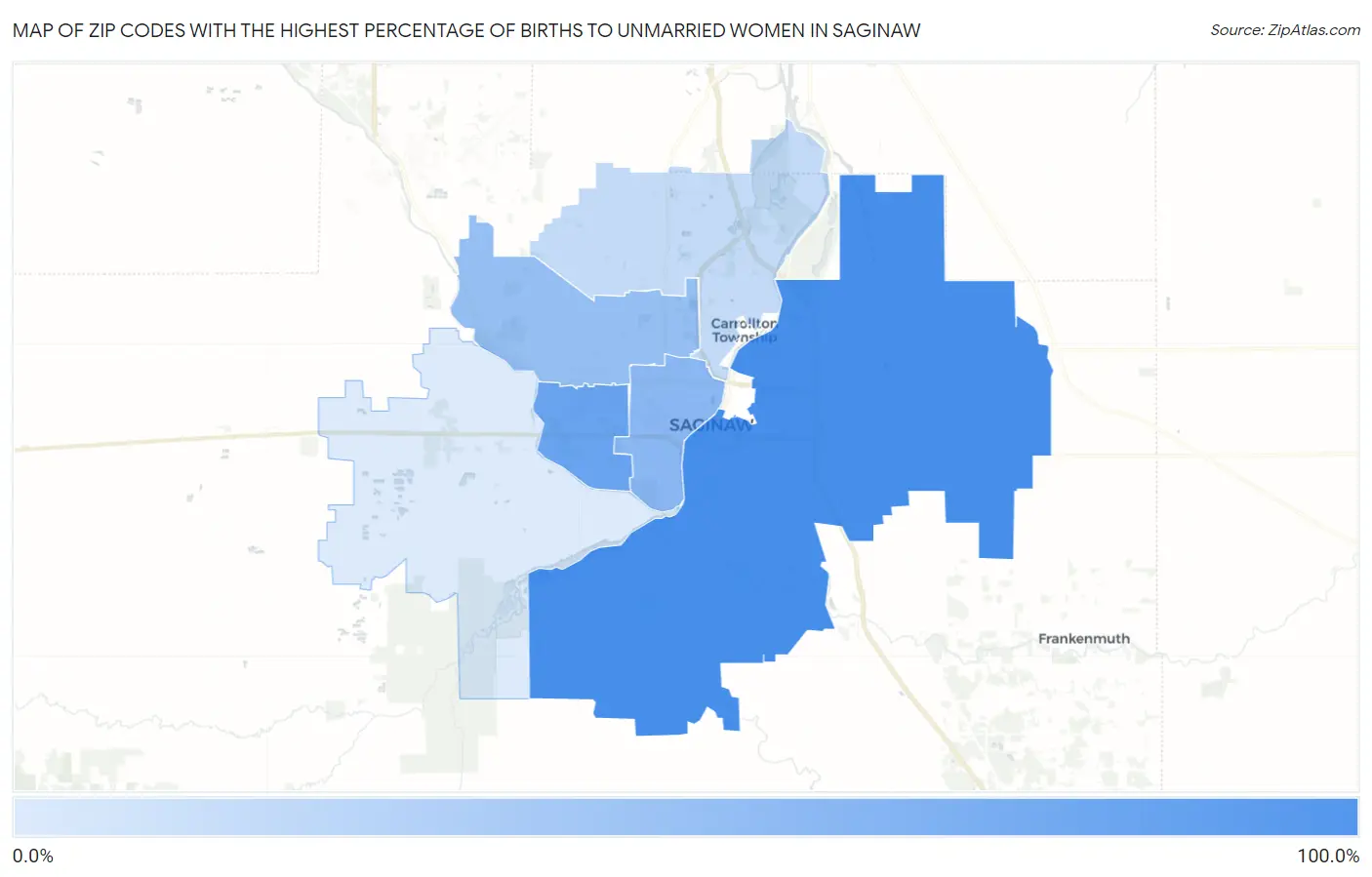 Zip Codes with the Highest Percentage of Births to Unmarried Women in Saginaw Map