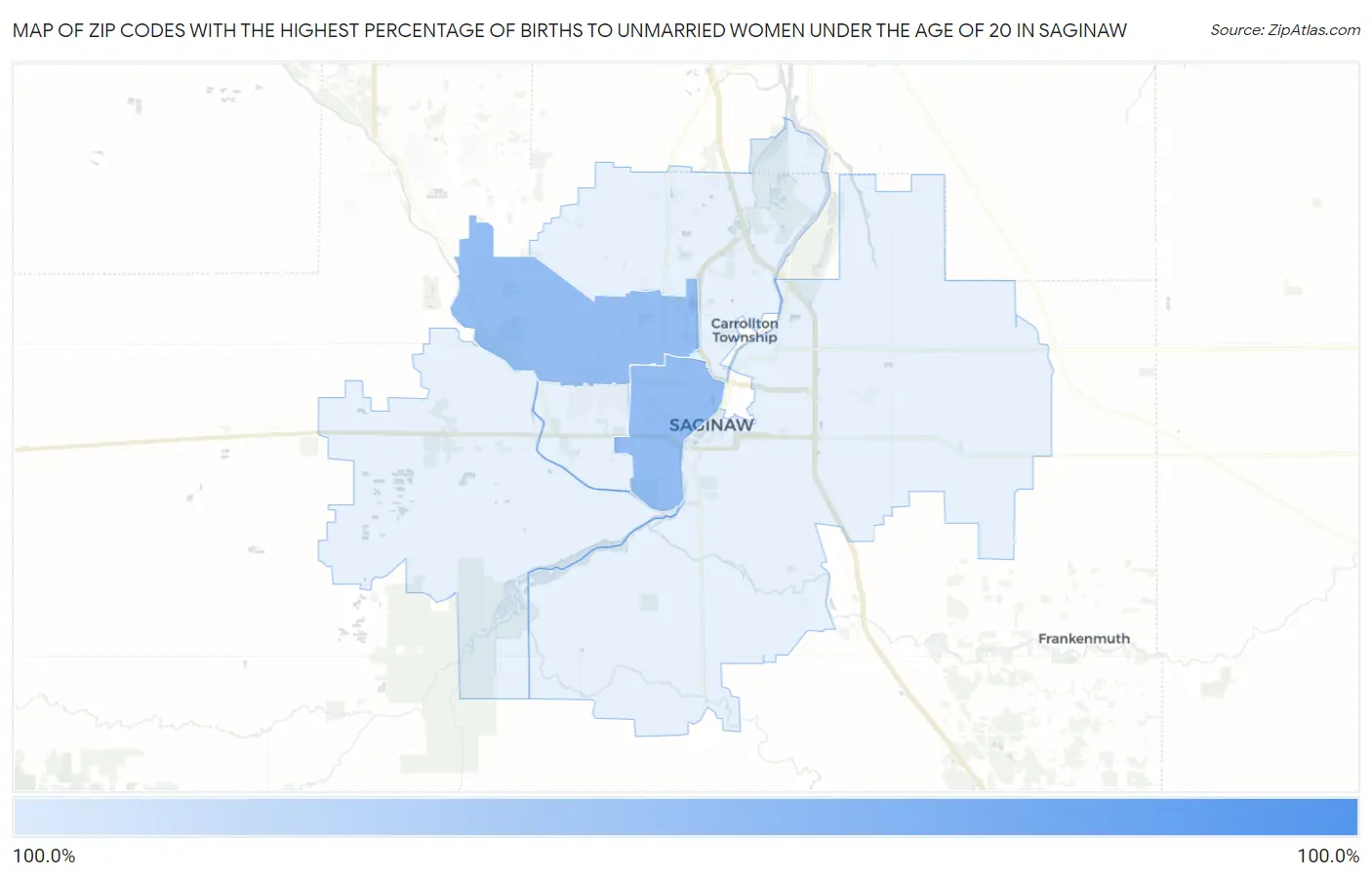 Zip Codes with the Highest Percentage of Births to Unmarried Women under the Age of 20 in Saginaw Map