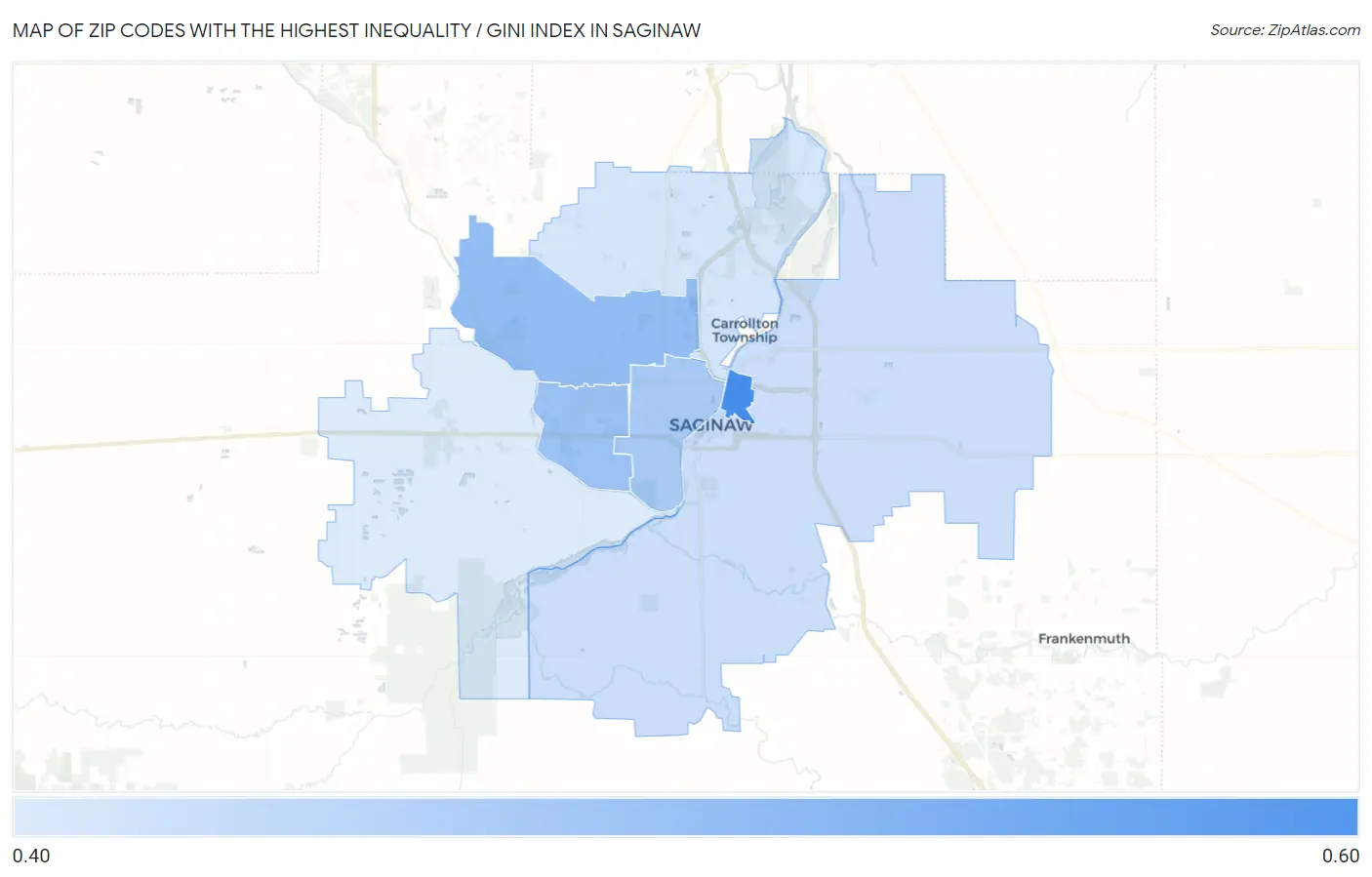 Zip Codes with the Highest Inequality / Gini Index in Saginaw Map