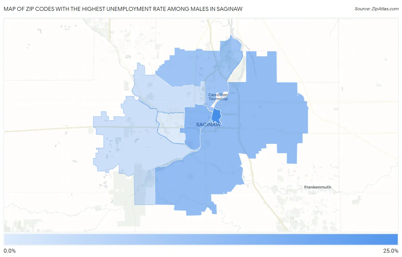 Zip Codes with the Highest Unemployment Rate Among Males in Saginaw Map