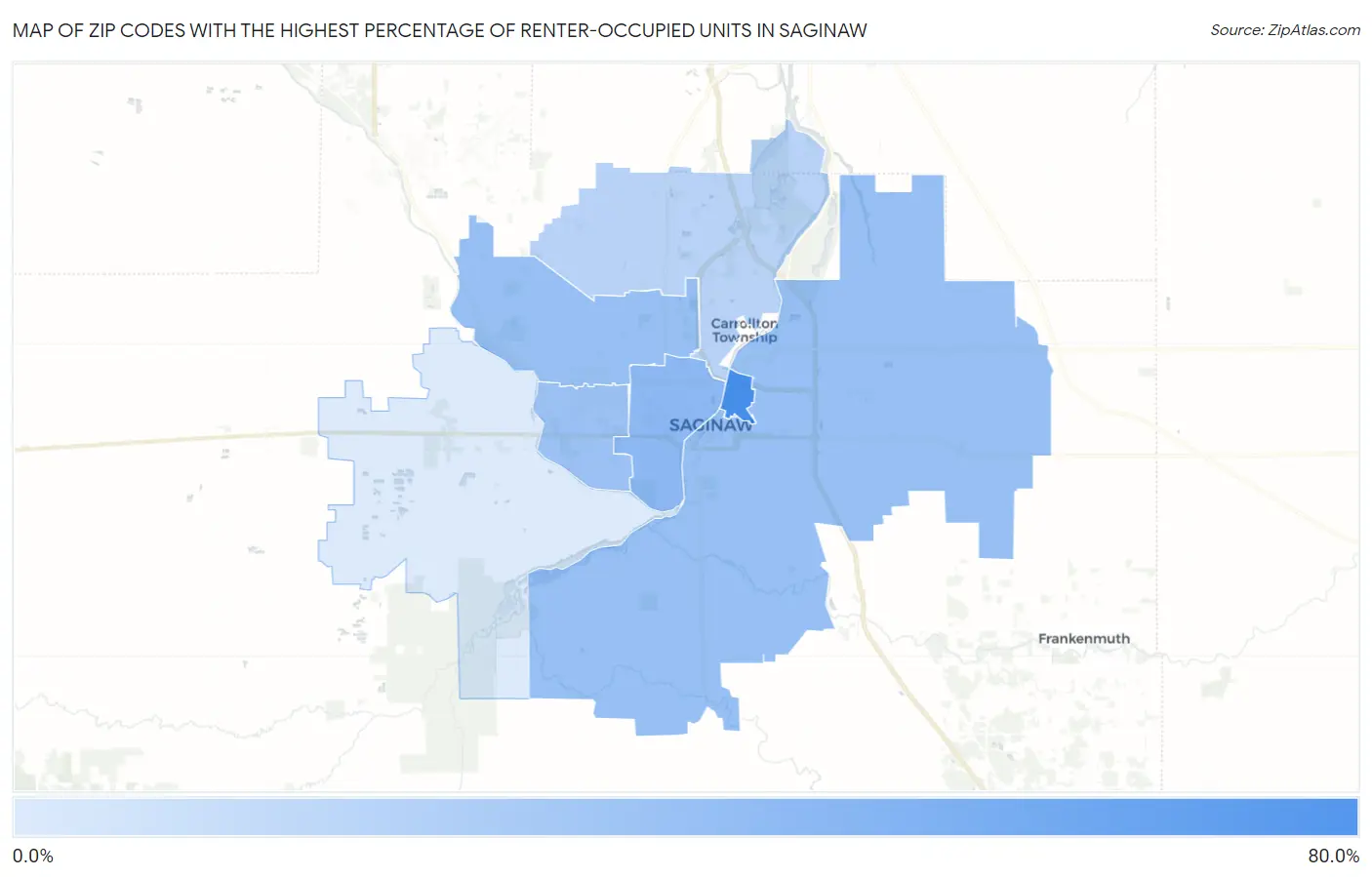 Zip Codes with the Highest Percentage of Renter-Occupied Units in Saginaw Map