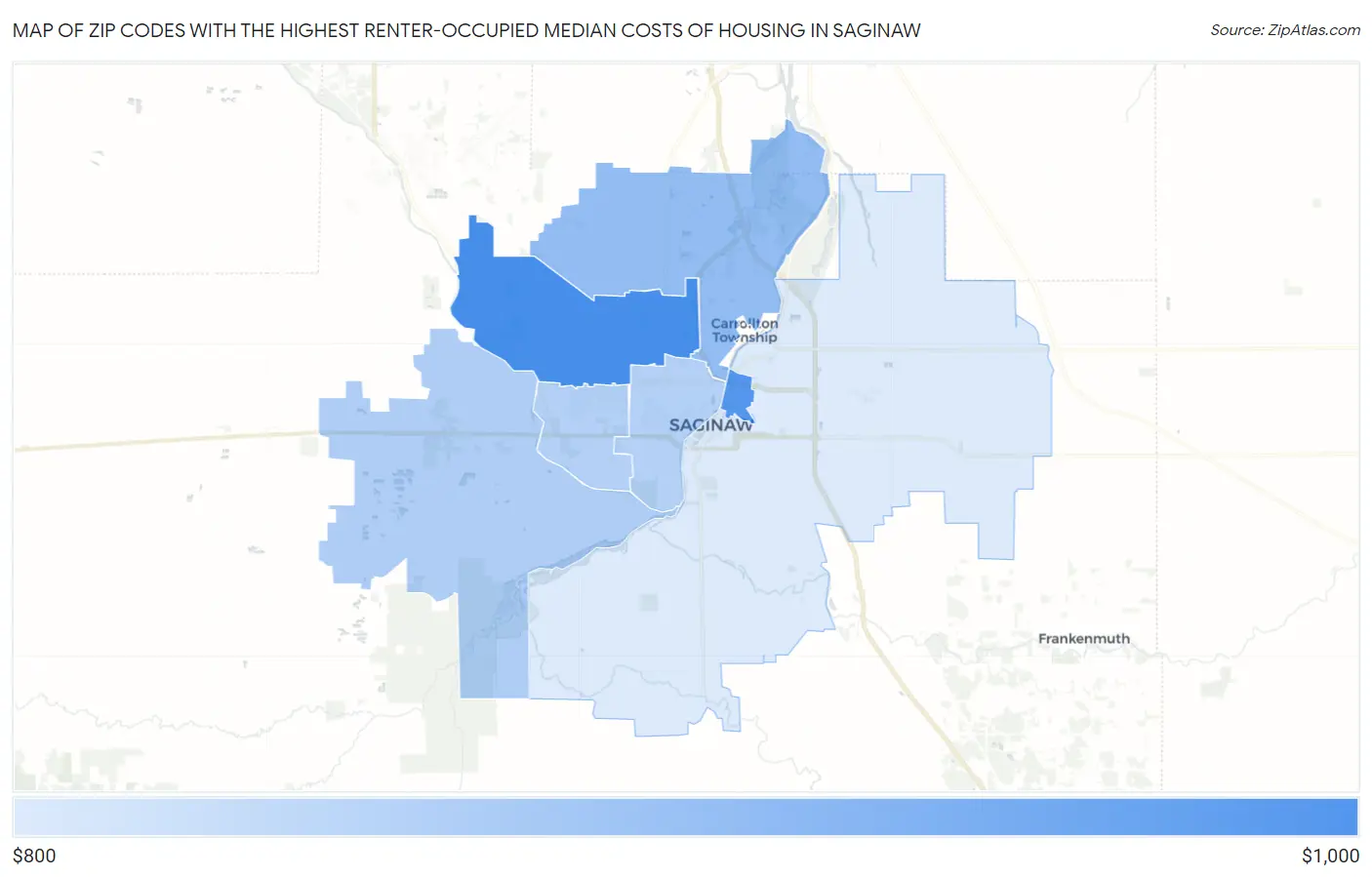 Zip Codes with the Highest Renter-Occupied Median Costs of Housing in Saginaw Map
