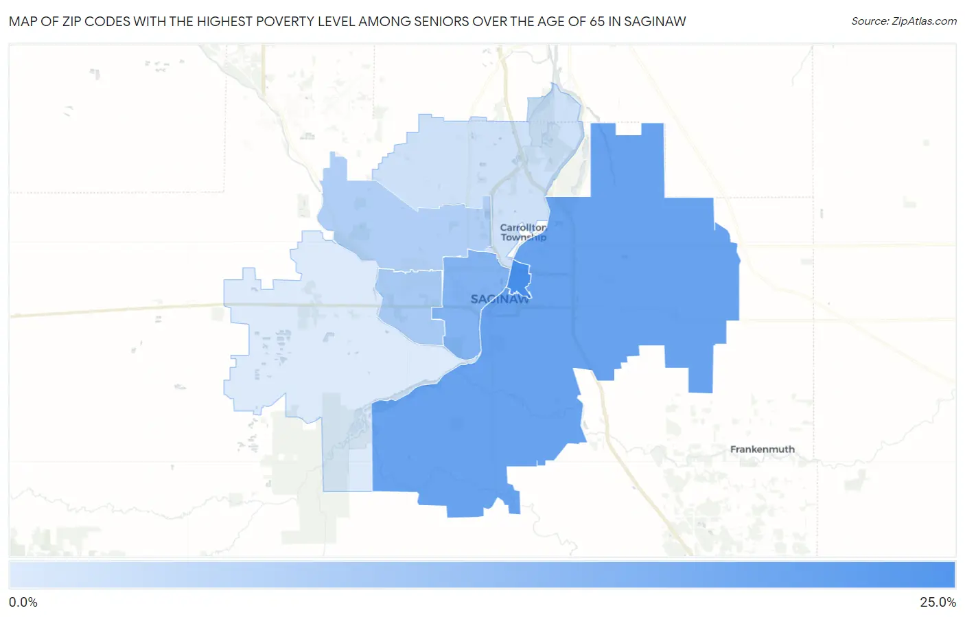 Zip Codes with the Highest Poverty Level Among Seniors Over the Age of 65 in Saginaw Map