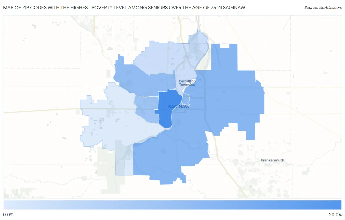 Zip Codes with the Highest Poverty Level Among Seniors Over the Age of 75 in Saginaw Map