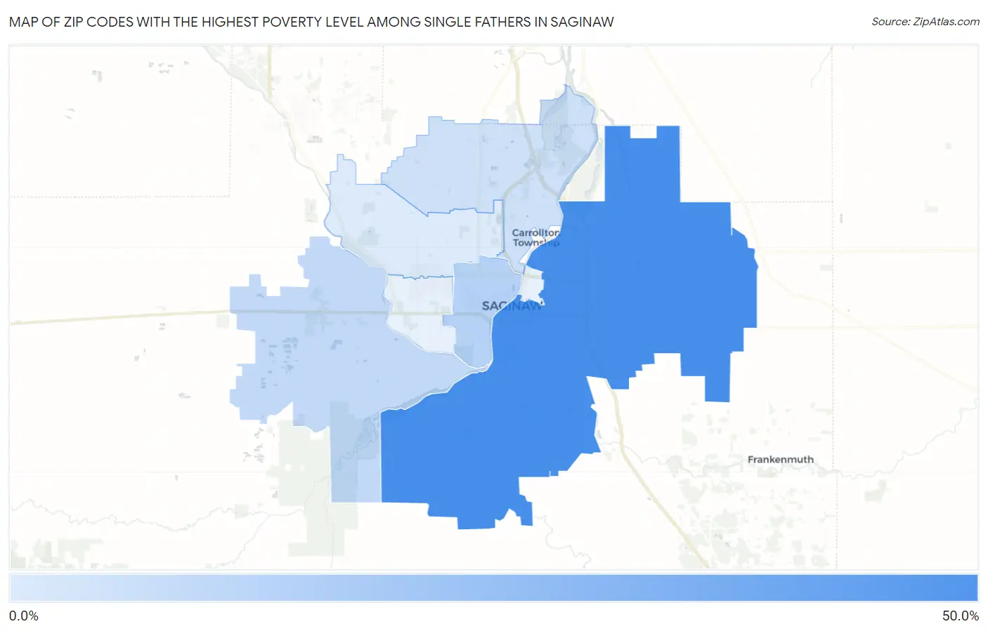 Zip Codes with the Highest Poverty Level Among Single Fathers in Saginaw Map