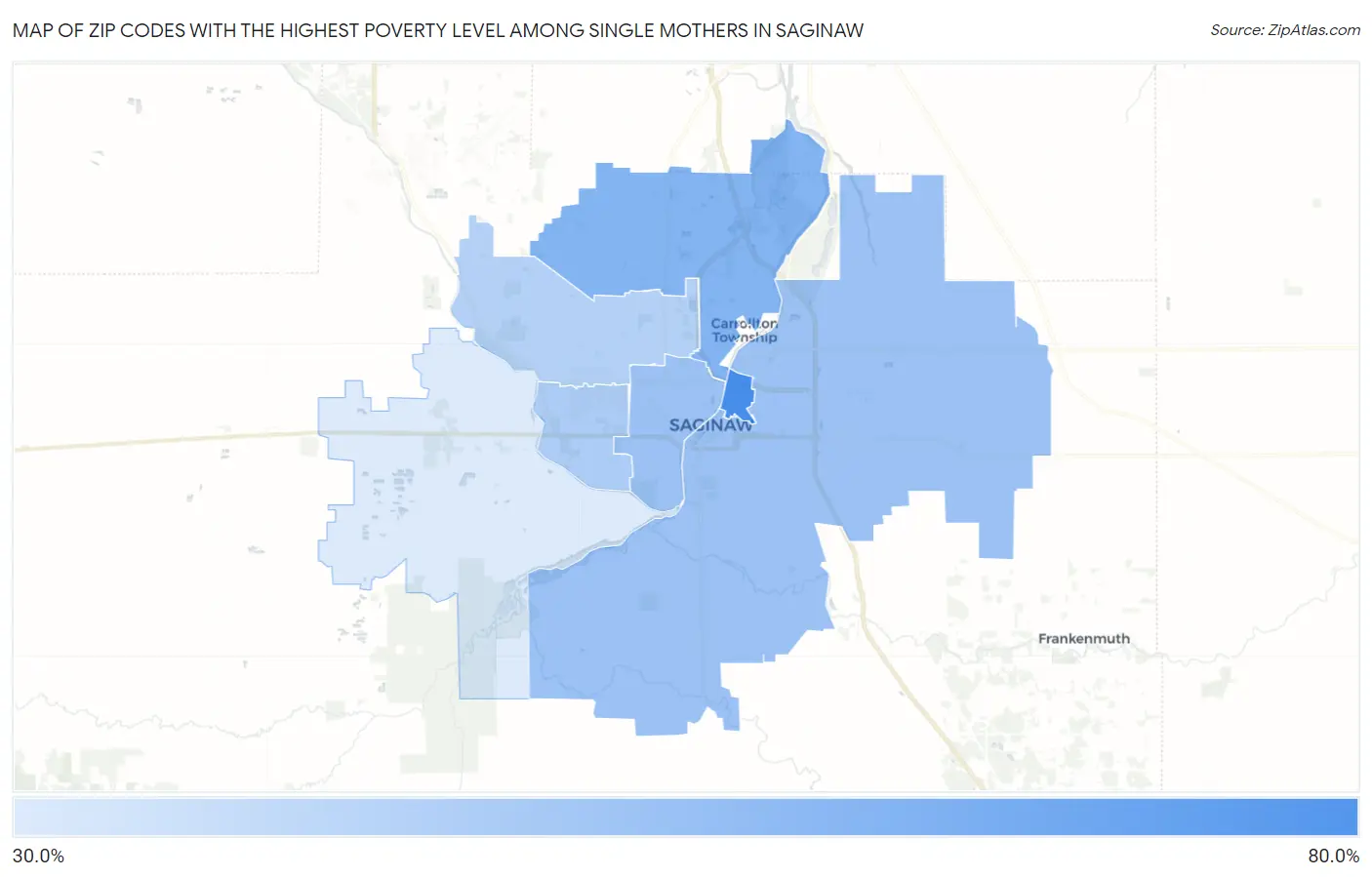 Zip Codes with the Highest Poverty Level Among Single Mothers in Saginaw Map