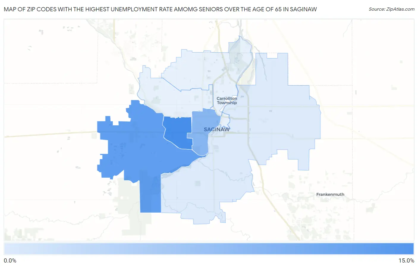 Zip Codes with the Highest Unemployment Rate Amomg Seniors Over the Age of 65 in Saginaw Map