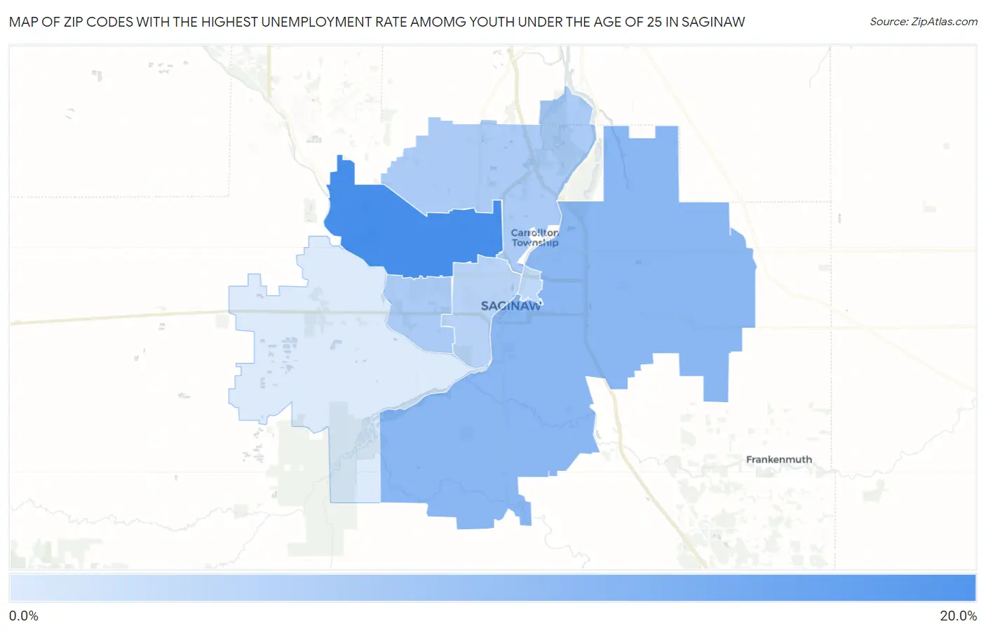 Zip Codes with the Highest Unemployment Rate Amomg Youth Under the Age of 25 in Saginaw Map