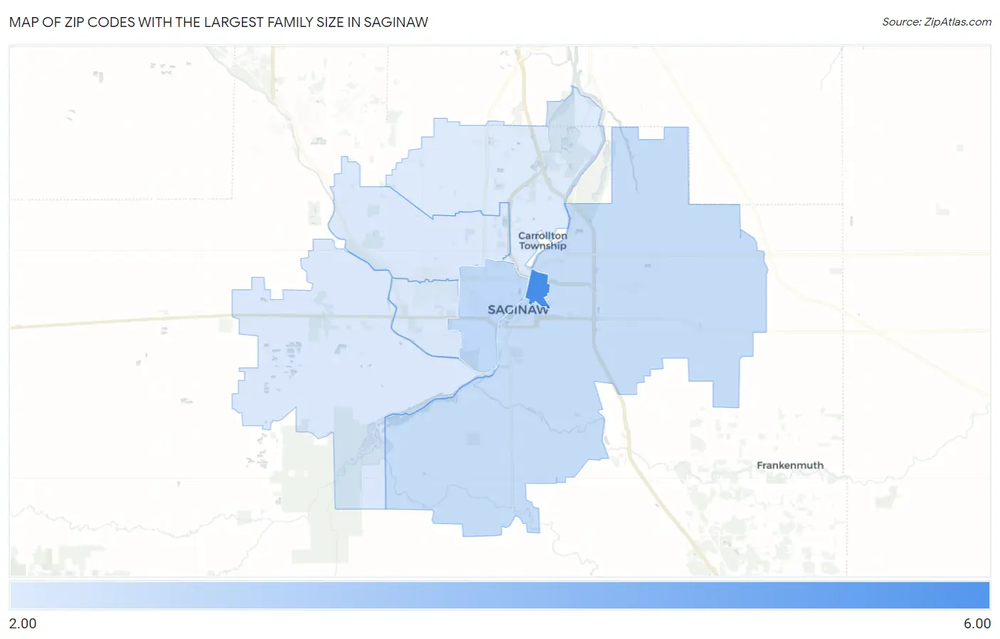 Zip Codes with the Largest Family Size in Saginaw Map