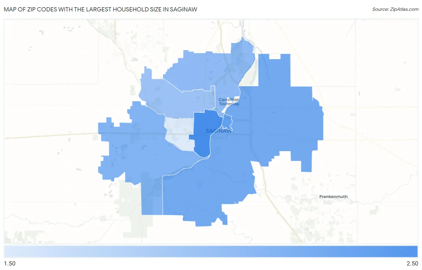 Zip Codes with the Largest Household Size in Saginaw Map