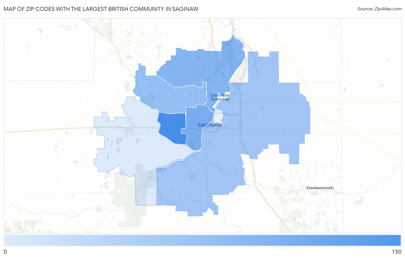 Zip Codes with the Largest British Community in Saginaw Map