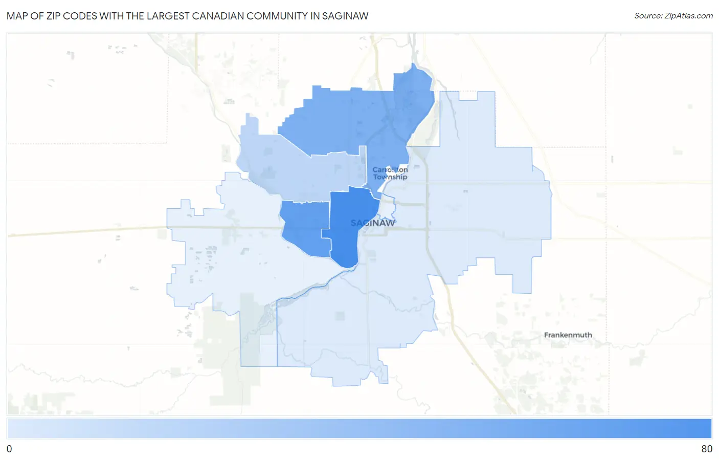 Zip Codes with the Largest Canadian Community in Saginaw Map