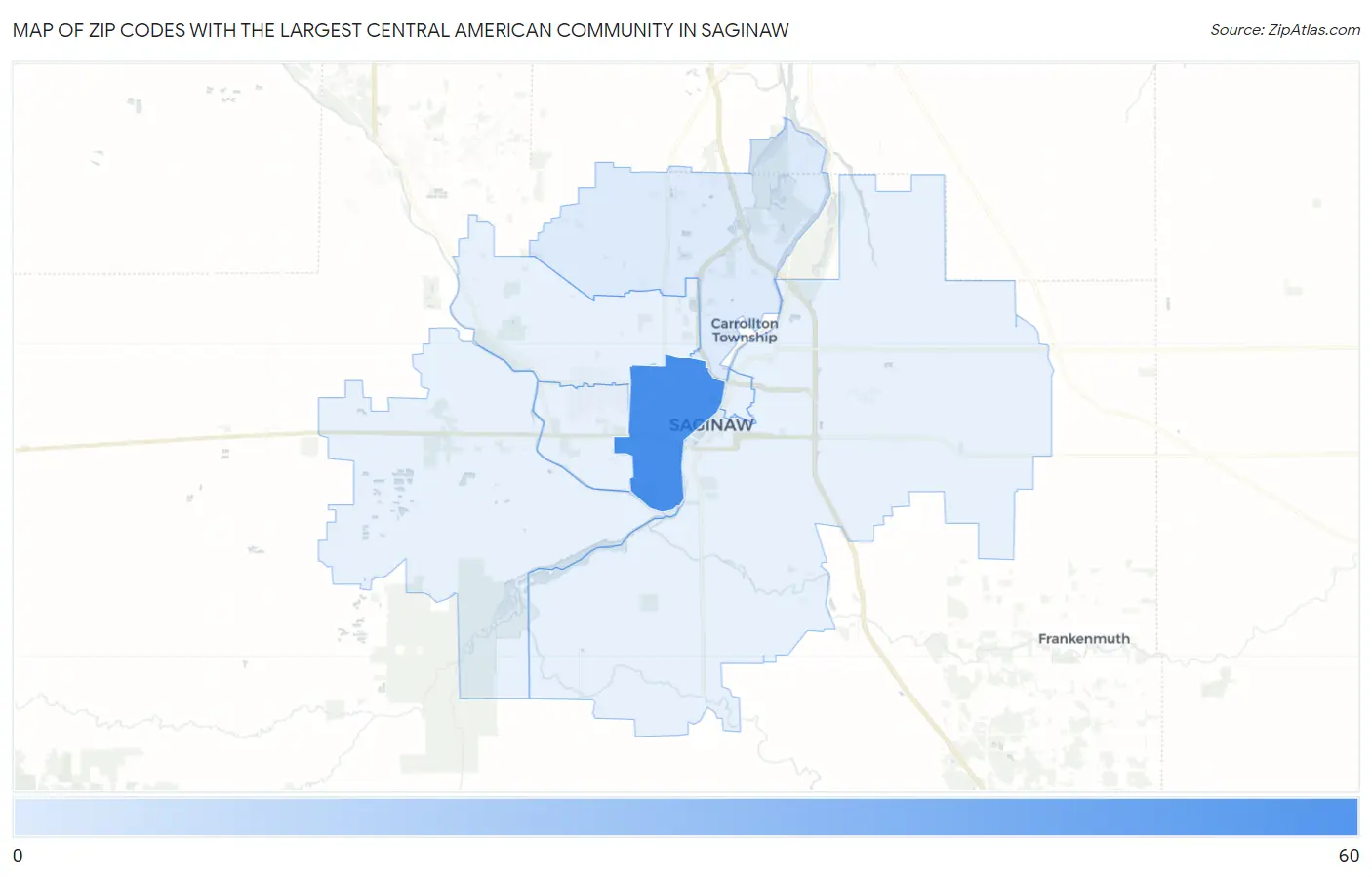 Zip Codes with the Largest Central American Community in Saginaw Map