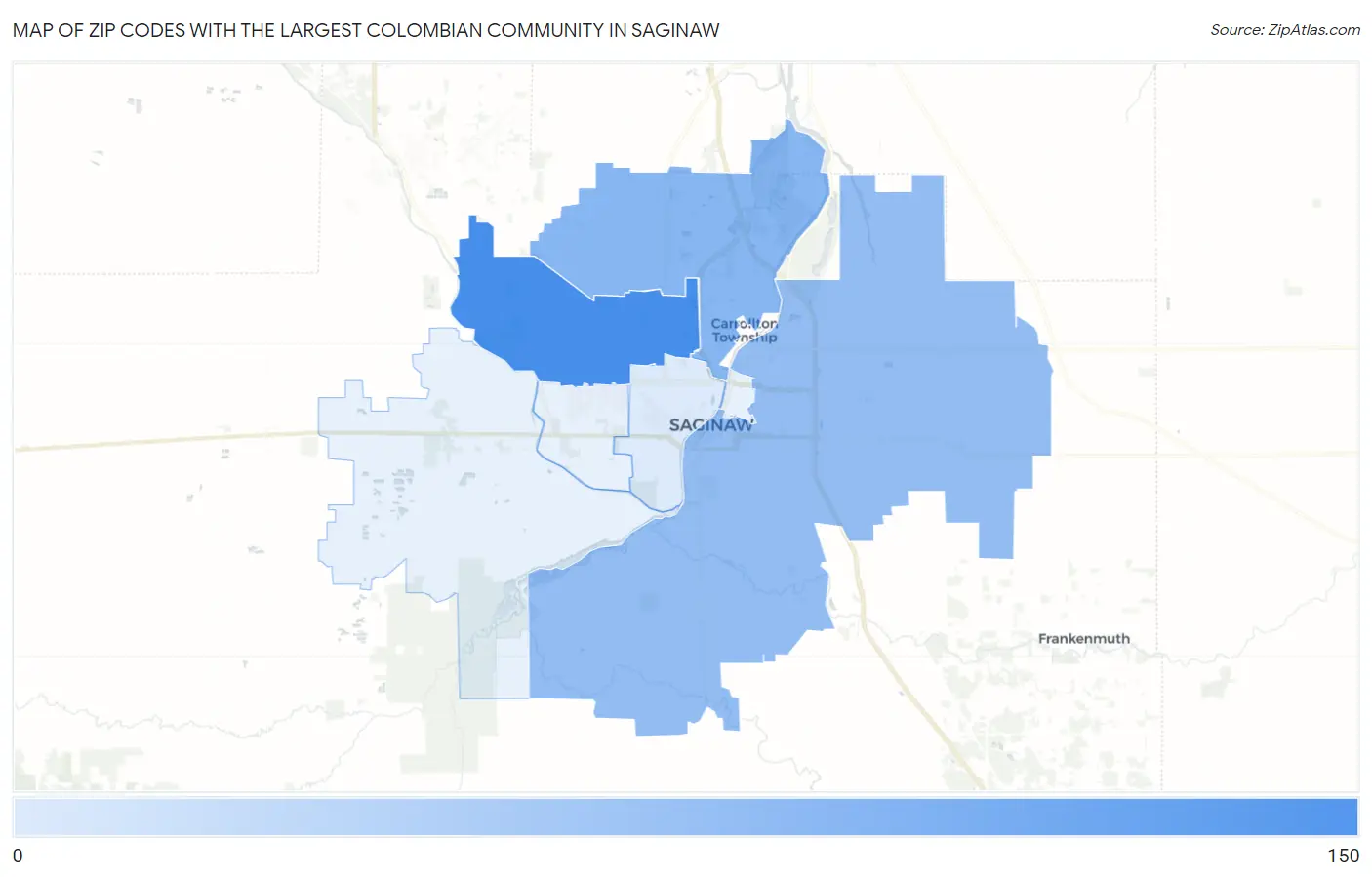 Zip Codes with the Largest Colombian Community in Saginaw Map