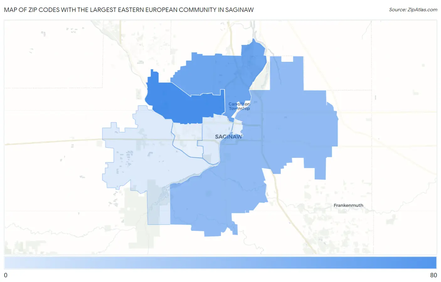 Zip Codes with the Largest Eastern European Community in Saginaw Map
