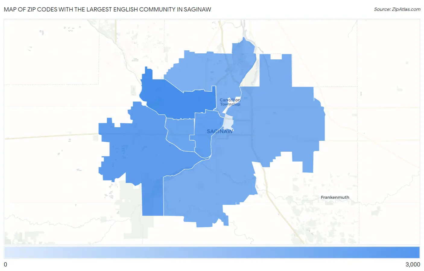 Zip Codes with the Largest English Community in Saginaw Map