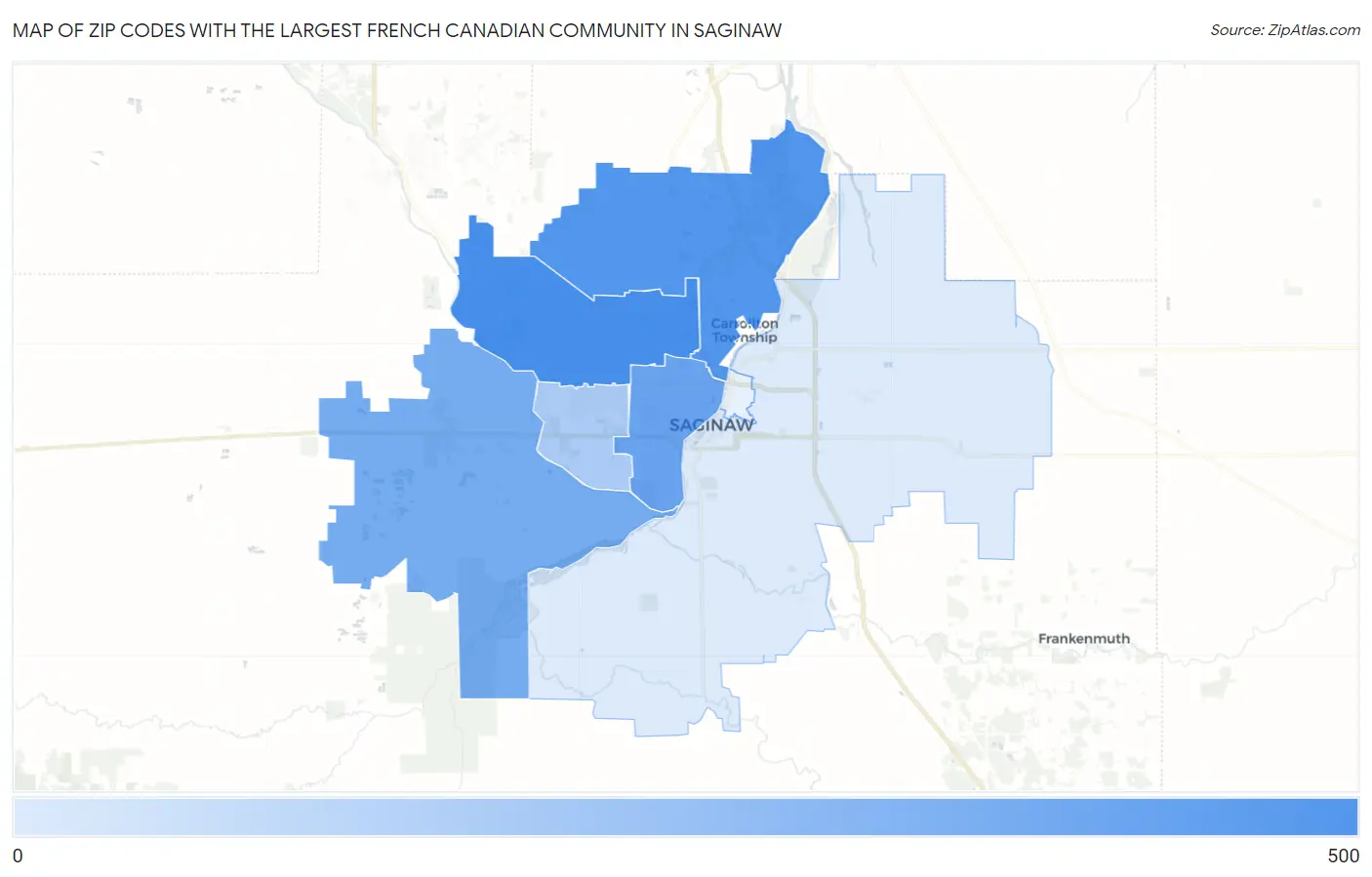 Zip Codes with the Largest French Canadian Community in Saginaw Map