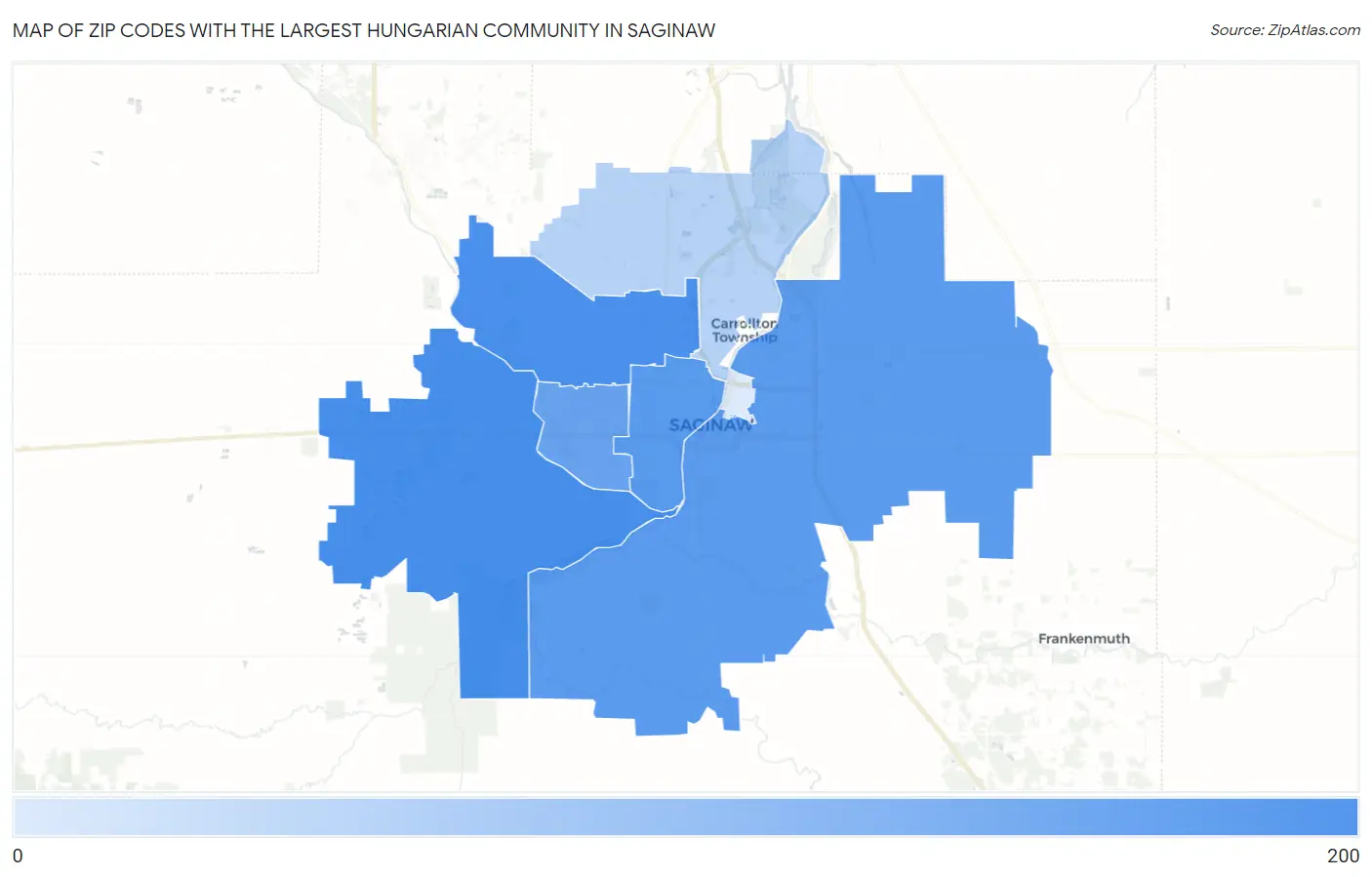 Zip Codes with the Largest Hungarian Community in Saginaw Map