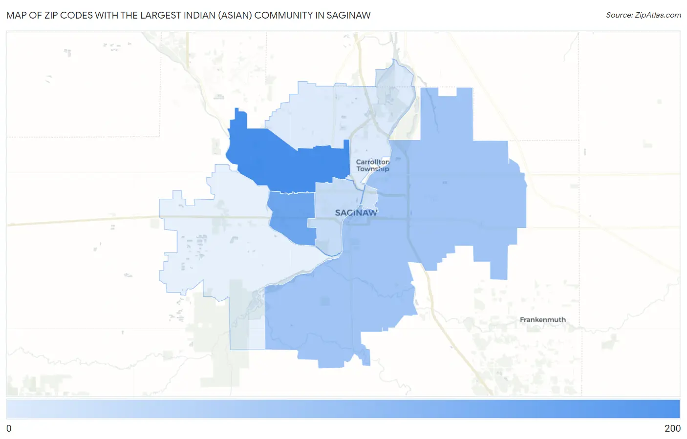 Zip Codes with the Largest Indian (Asian) Community in Saginaw Map