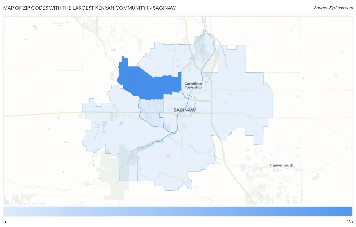 Zip Codes with the Largest Kenyan Community in Saginaw Map