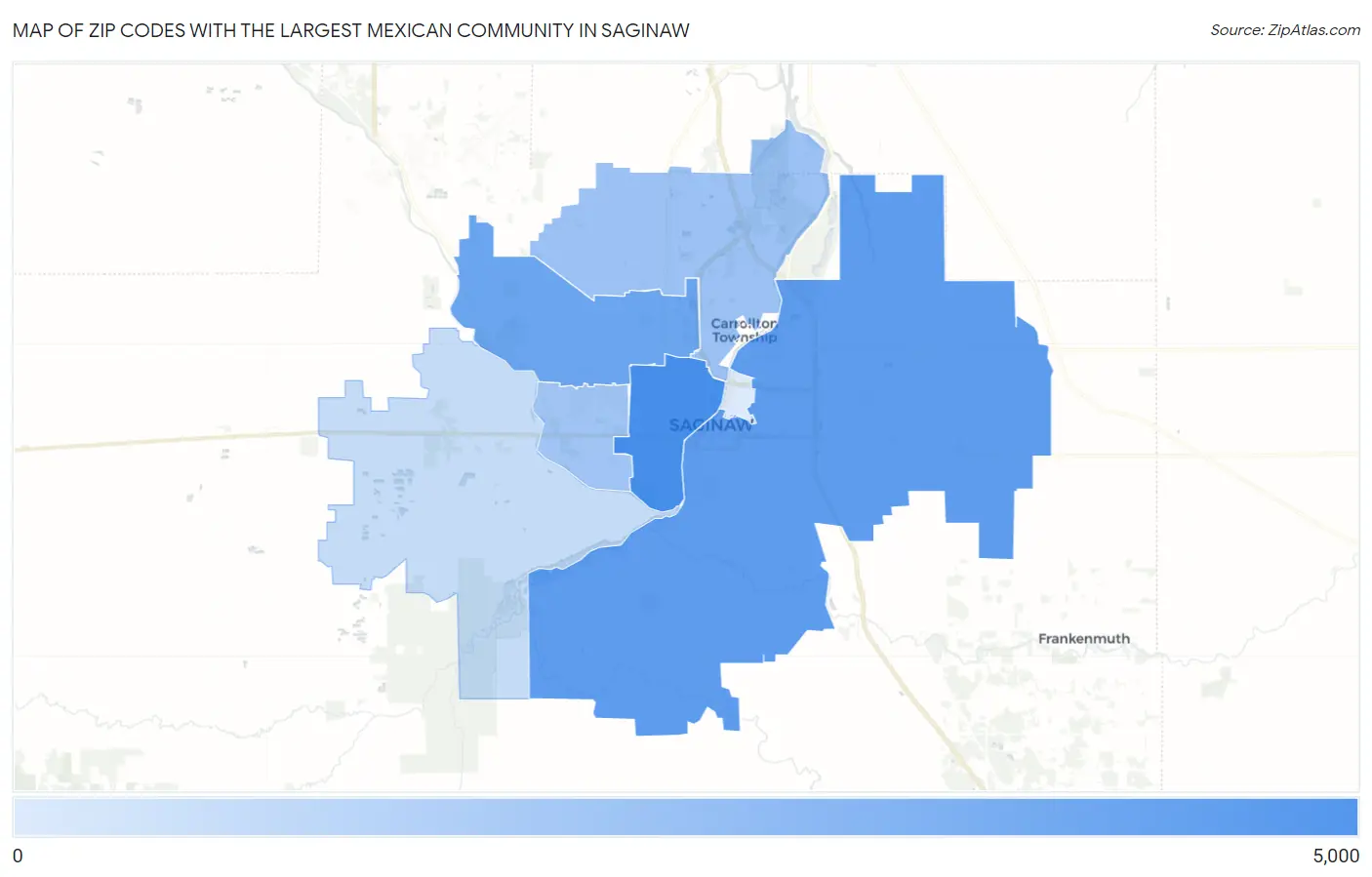 Zip Codes with the Largest Mexican Community in Saginaw Map