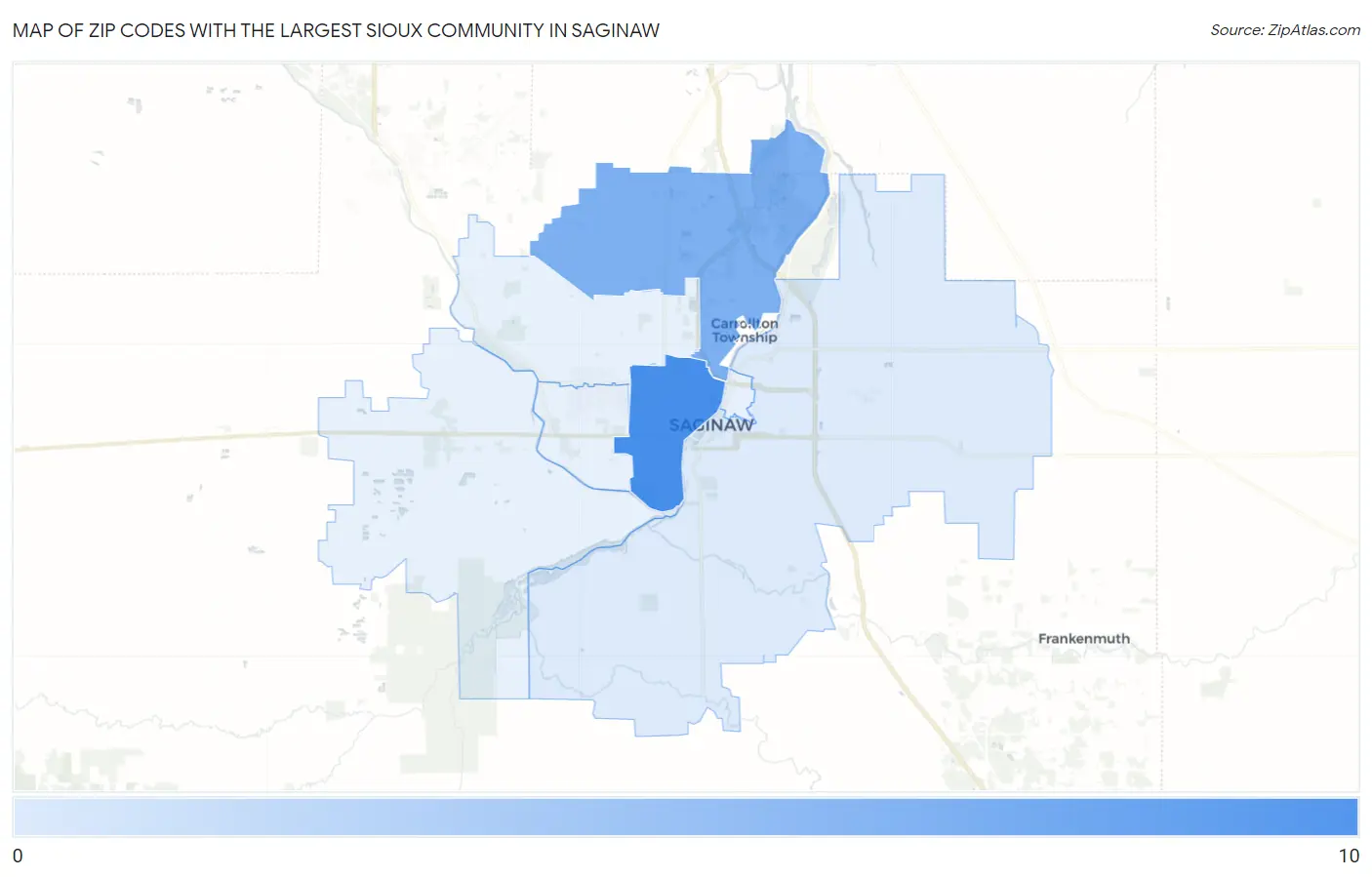 Zip Codes with the Largest Sioux Community in Saginaw Map