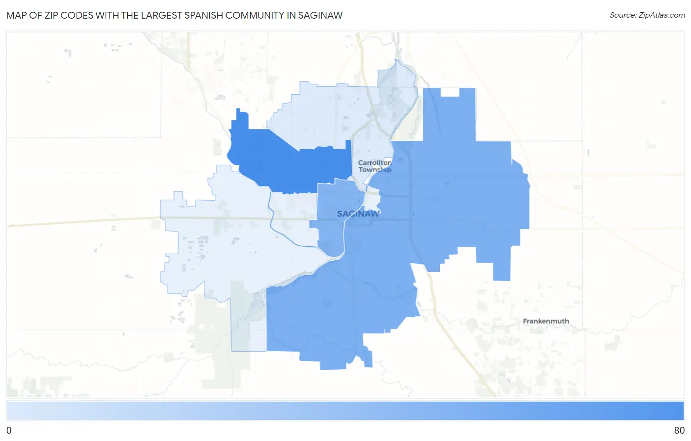 Zip Codes with the Largest Spanish Community in Saginaw Map