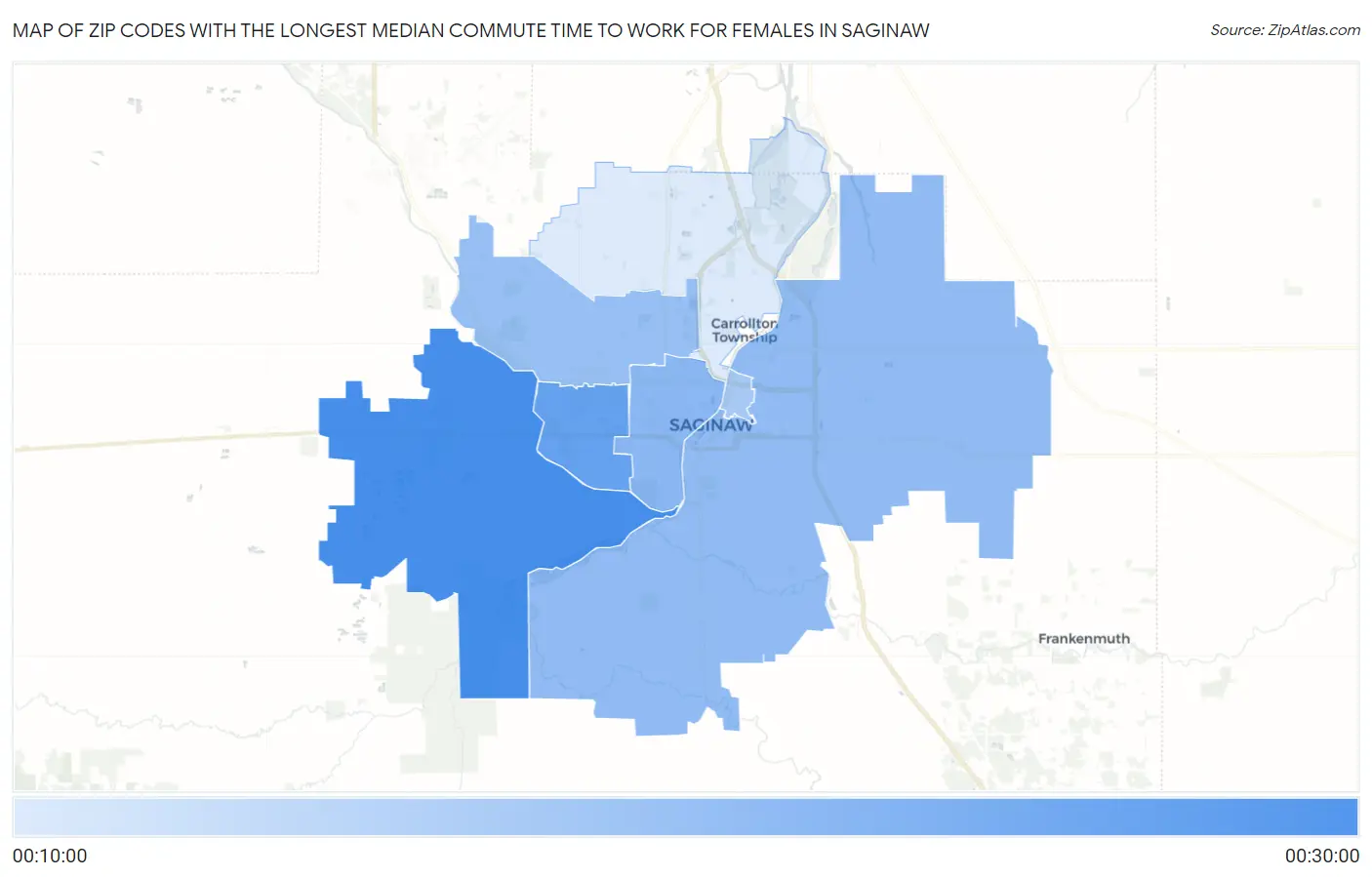 Zip Codes with the Longest Median Commute Time to Work for Females in Saginaw Map