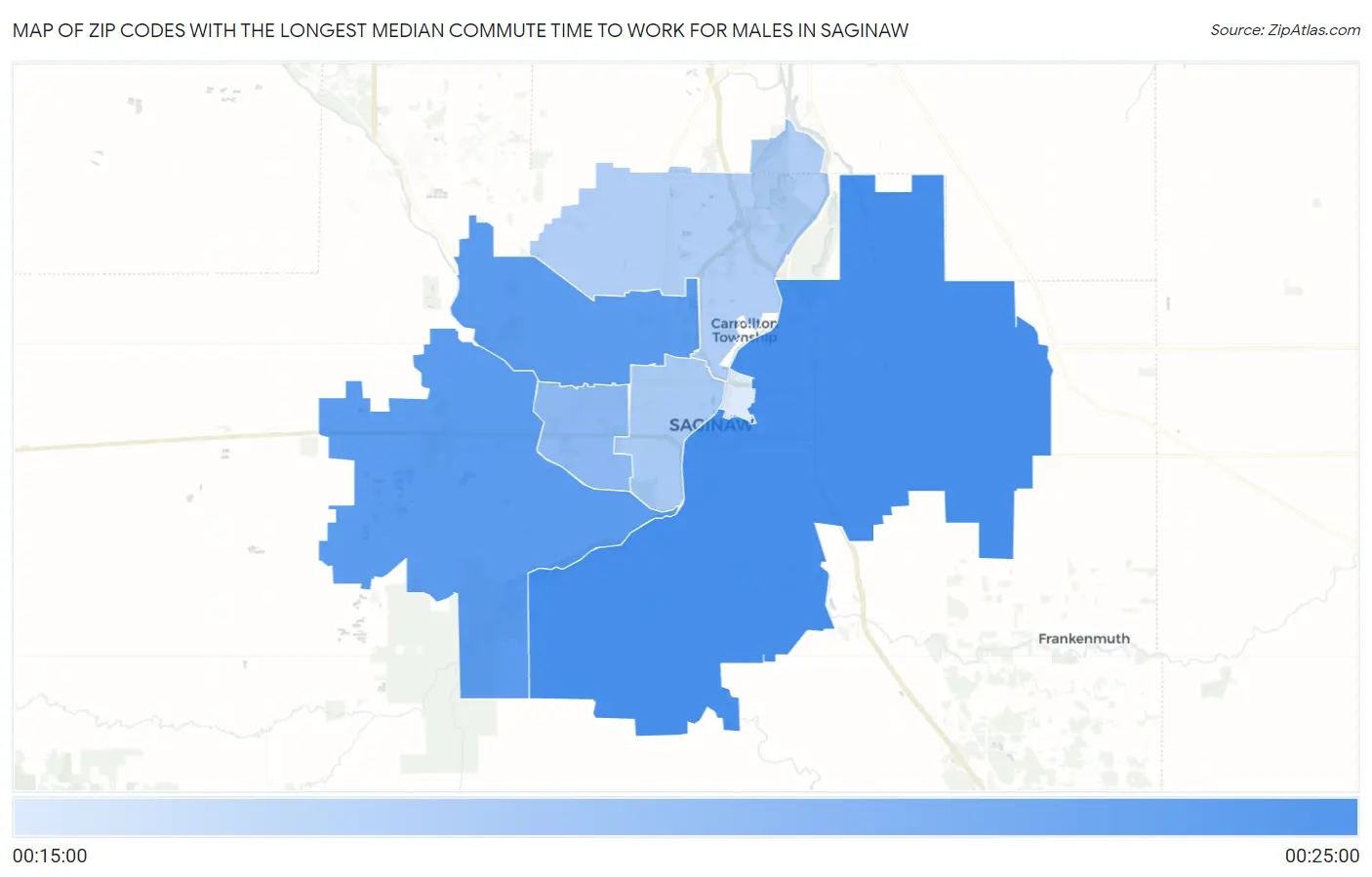 Zip Codes with the Longest Median Commute Time to Work for Males in Saginaw Map