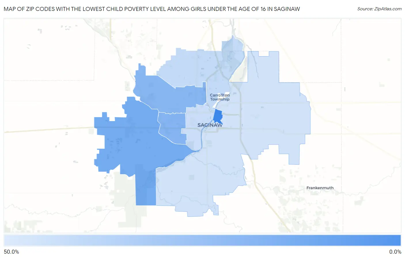 Zip Codes with the Lowest Child Poverty Level Among Girls Under the Age of 16 in Saginaw Map