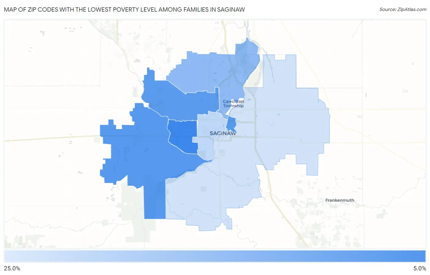 Zip Codes with the Lowest Poverty Level Among Families in Saginaw Map