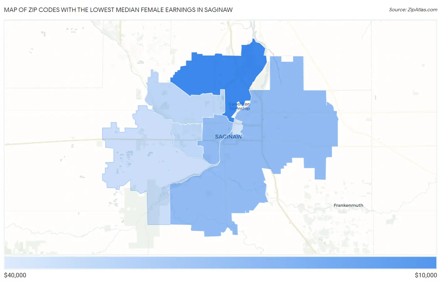 Zip Codes with the Lowest Median Female Earnings in Saginaw Map