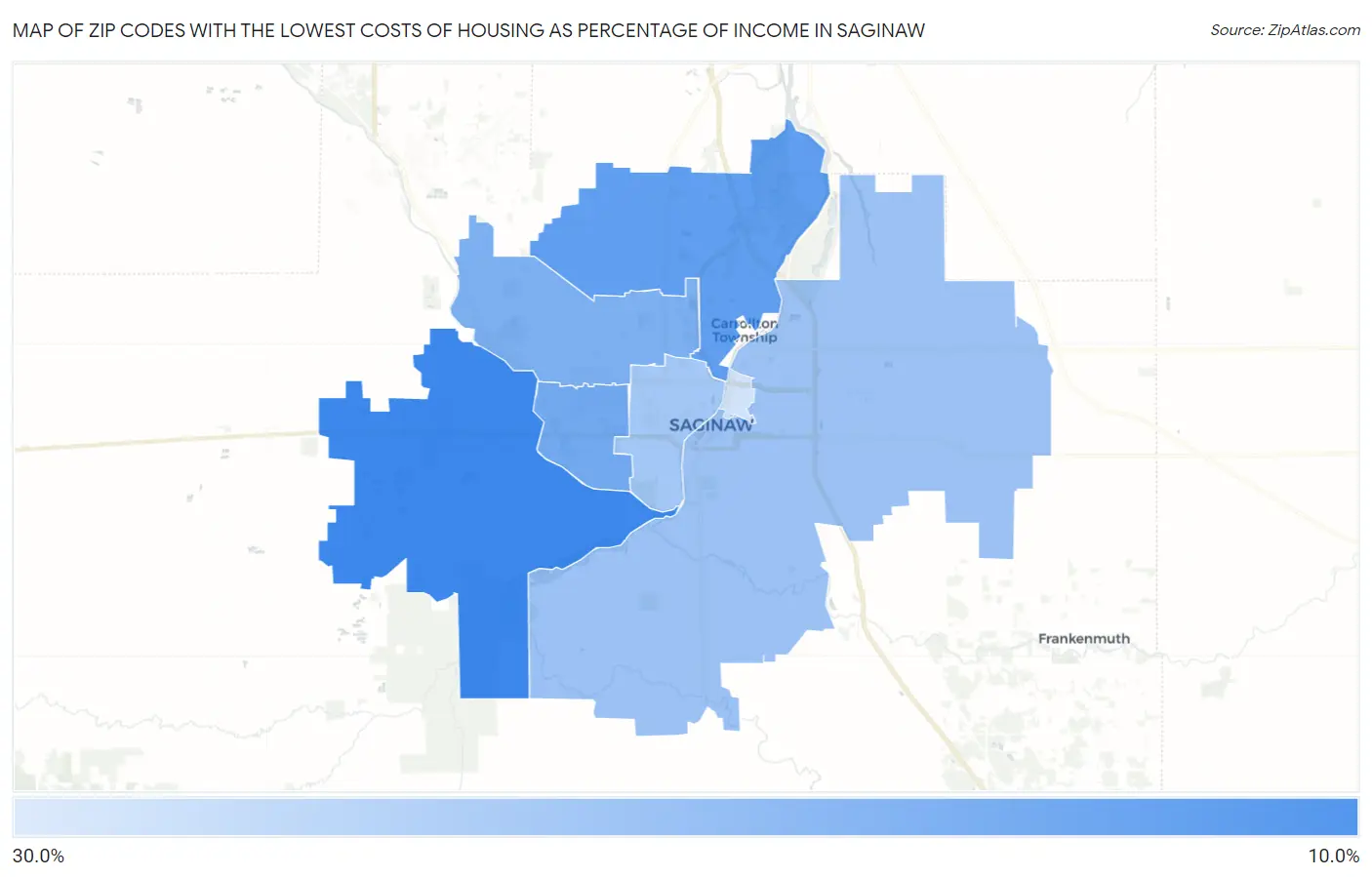 Zip Codes with the Lowest Costs of Housing as Percentage of Income in Saginaw Map