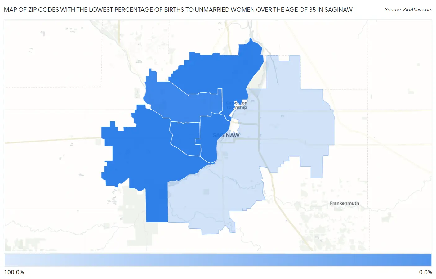 Zip Codes with the Lowest Percentage of Births to Unmarried Women over the Age of 35 in Saginaw Map