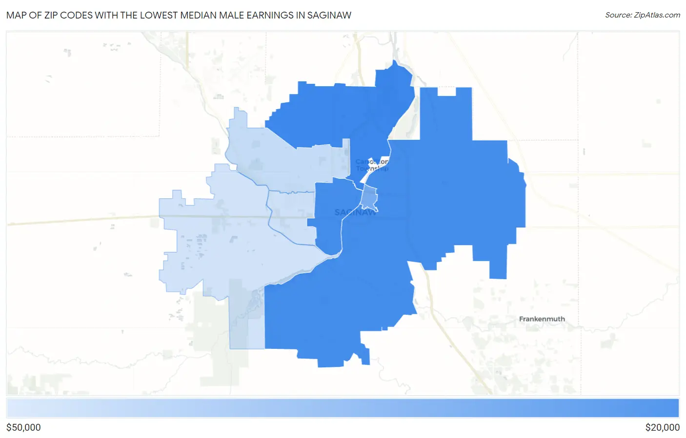 Zip Codes with the Lowest Median Male Earnings in Saginaw Map