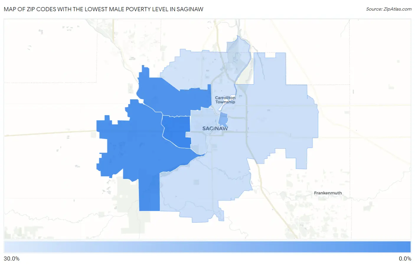Zip Codes with the Lowest Male Poverty Level in Saginaw Map
